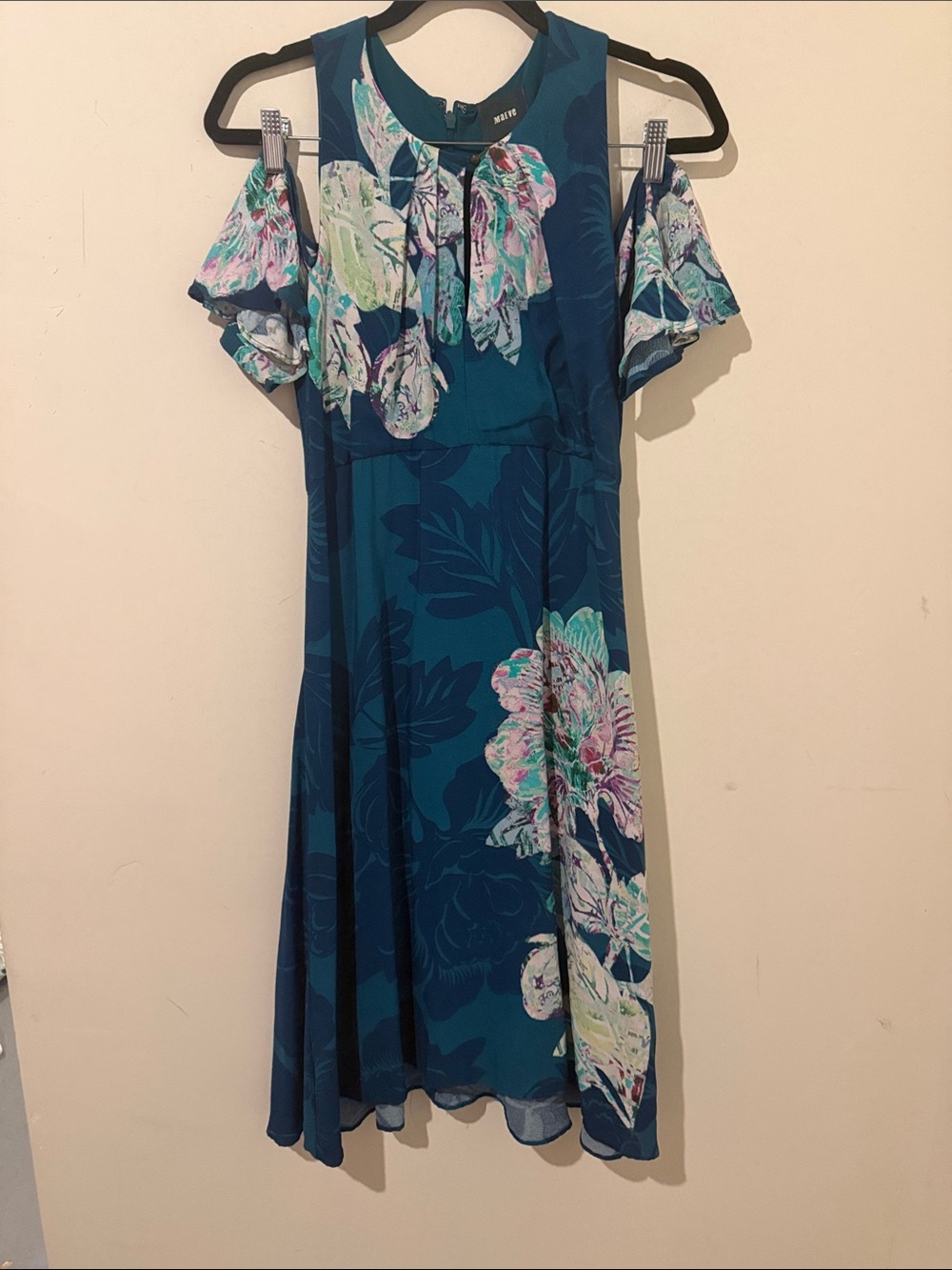 Maeve Teal Floral Cold-Shoulder Midi Dress Size 6